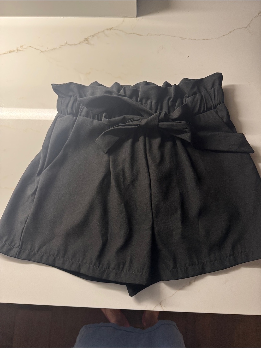 Elastic High-Waist Paperbag Tie-Front Women's Shorts - Black